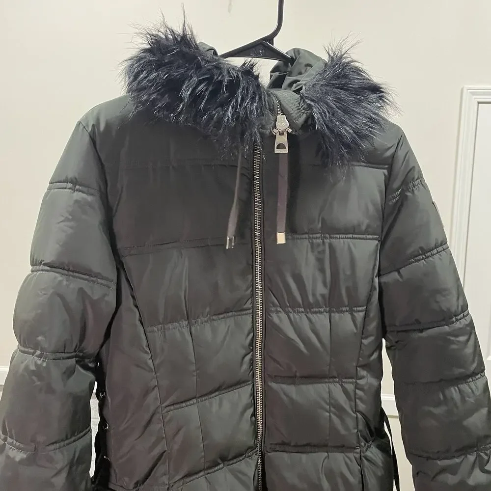 GUESS Puffer Coat Dark Green Women’s Medium Long Hooded Faux Fur Winter NWOT